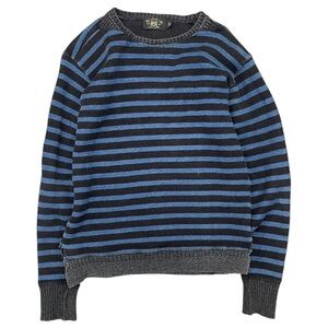 RRL Ralph Lauren Navy Blue and Black Knit Striped Distressed Sweater Men Sz M